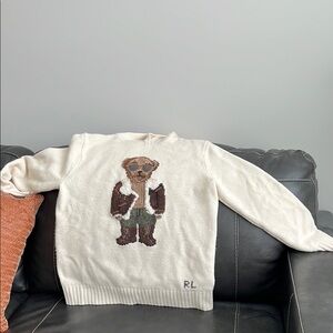 Polo by Ralph Lauren Cream and Brown Crewneck Sweater with Bear Graphic